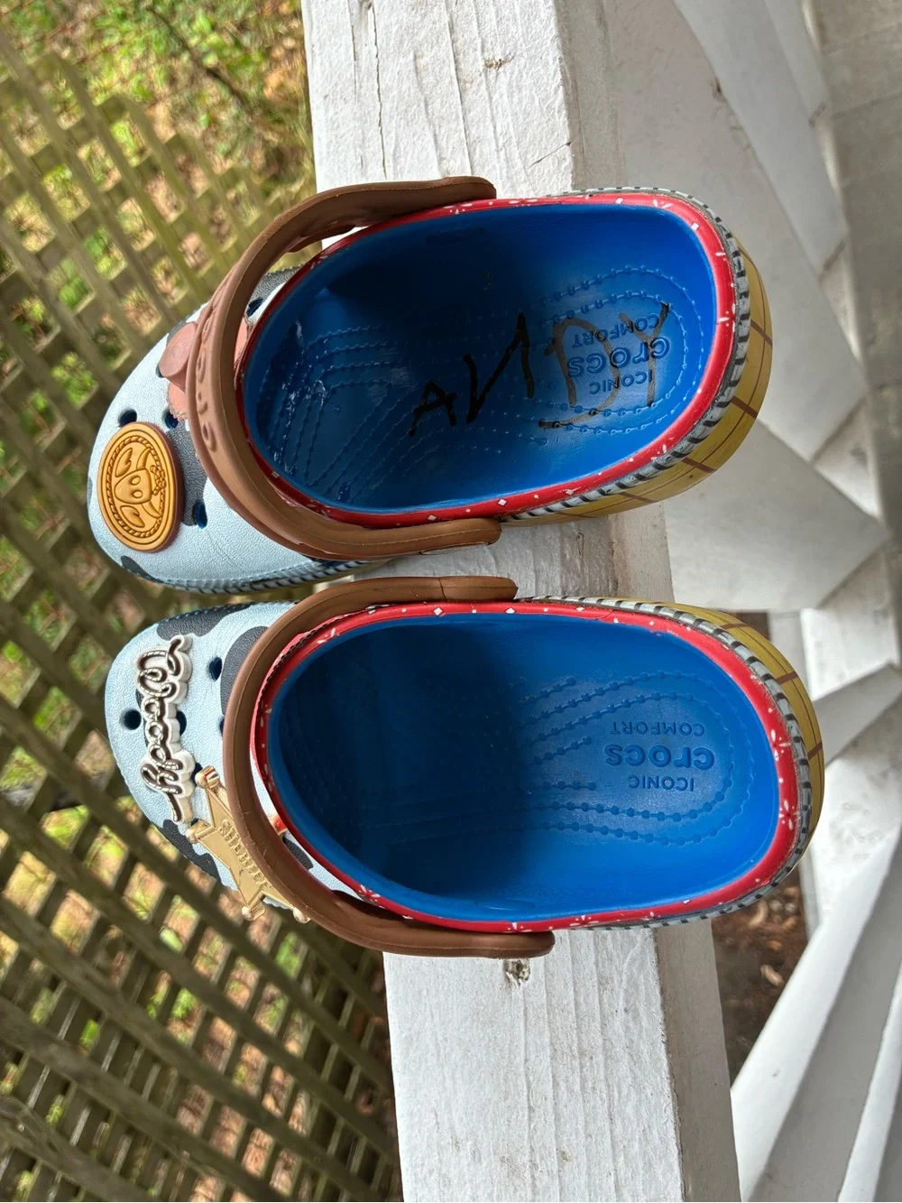 CROCS Kids Woody Cow-Print Clogs in Light Blue, Brown & Red